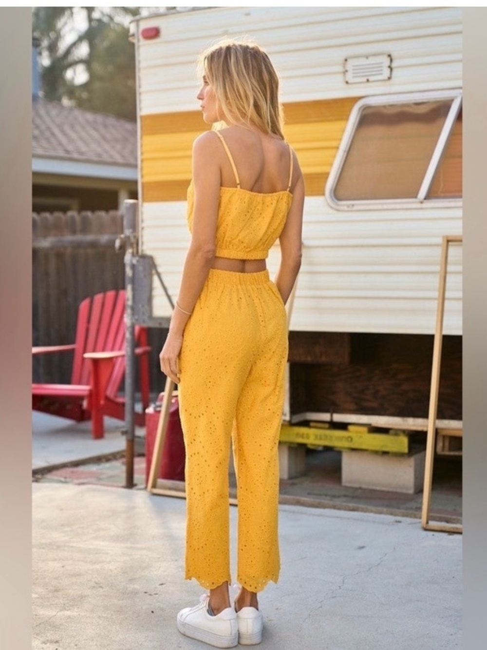 LALAVON YELLOW EMBROIDERED EYELET 100% COTTON PREPPY CROP TOP AND PANT SET SzM - Picture 5 of 14